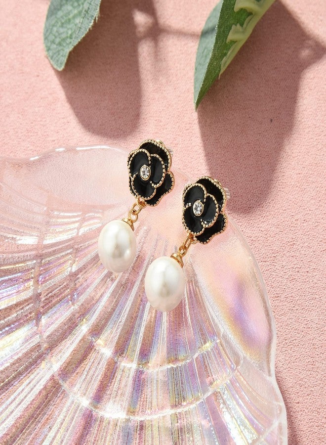 Glamtune Designer Faux Imitation Pearl Floral charm Dangle Drop Fashion Earrings Studs (Black) - Image 5